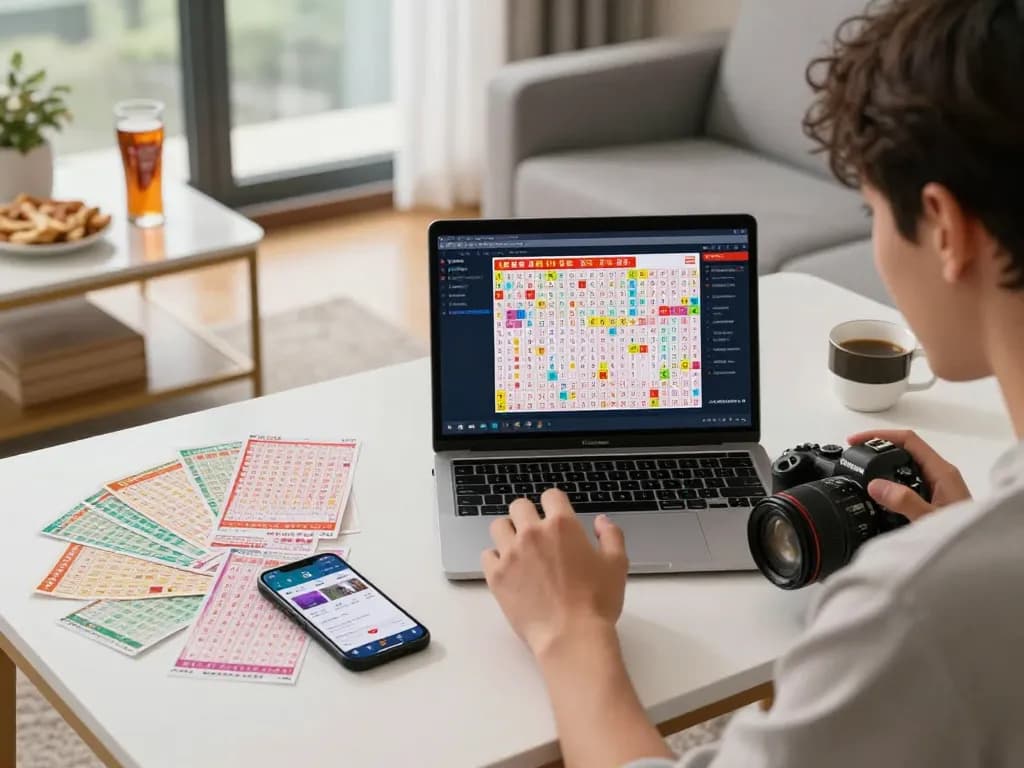 Engaged individual participating in HK Lotto online betting, with colorful lottery tickets and a streaming laptop, creating an exciting atmosphere.