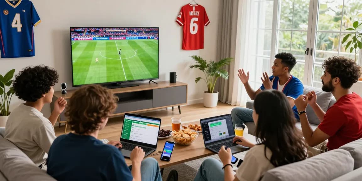 Engaging scene of friends enjoying kèo bóng đá hôm nay while watching a football match.