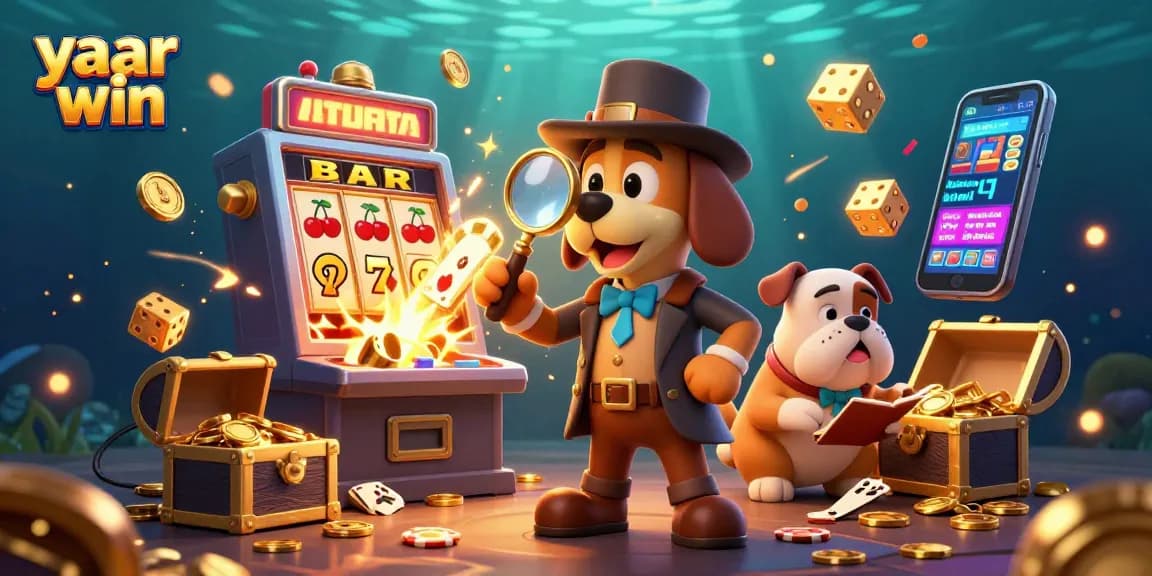 Playing slots with yaar win: Detective dog duo solving casino mysteries amidst vibrant visuals and jackpot fun.
