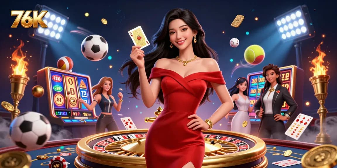 Experience thrilling entertainment with the vibrant 76K casino scene featuring a stunning Asian woman, roulette, and floating game elements.