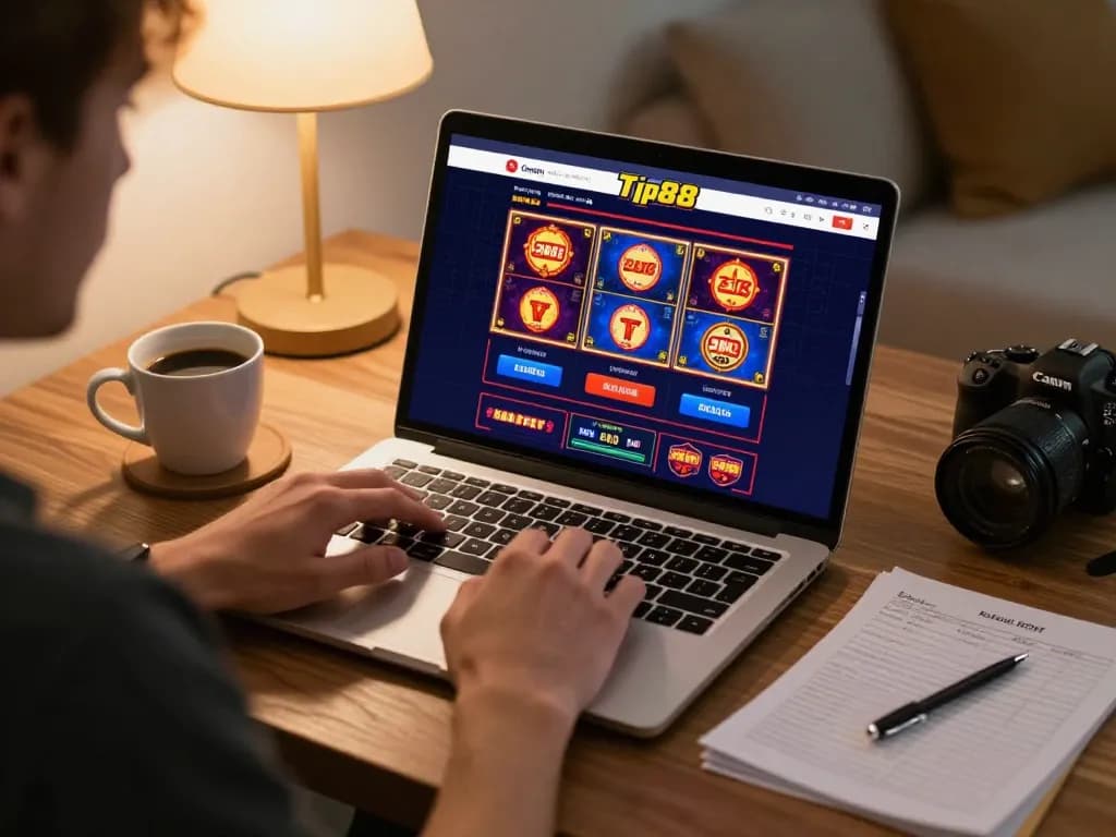 Tip88 player engaging in online casino gaming with a laptop showcasing dynamic gameplay