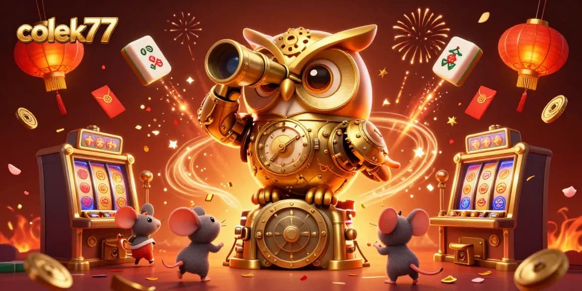 Engage with colek77 in a vibrant 3D casino world filled with excitement from spinning reels and festive decorations.