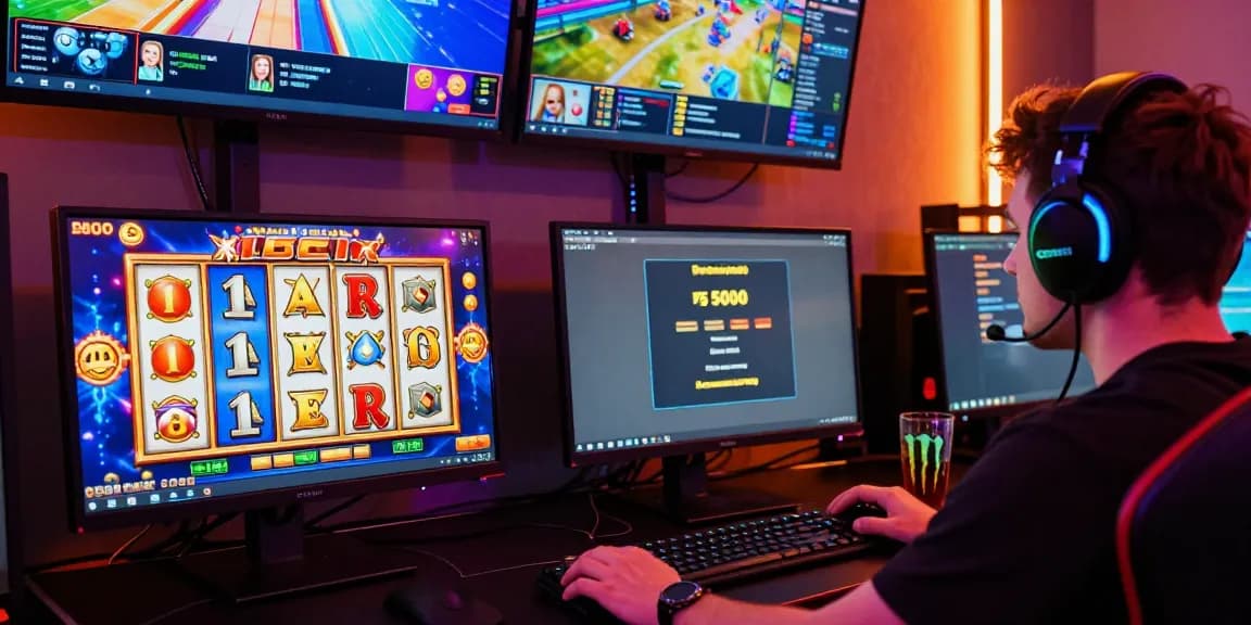 Engaging scene of a player making a slot deposit 5000 while gaming online, surrounded by vibrant visuals and energy.
