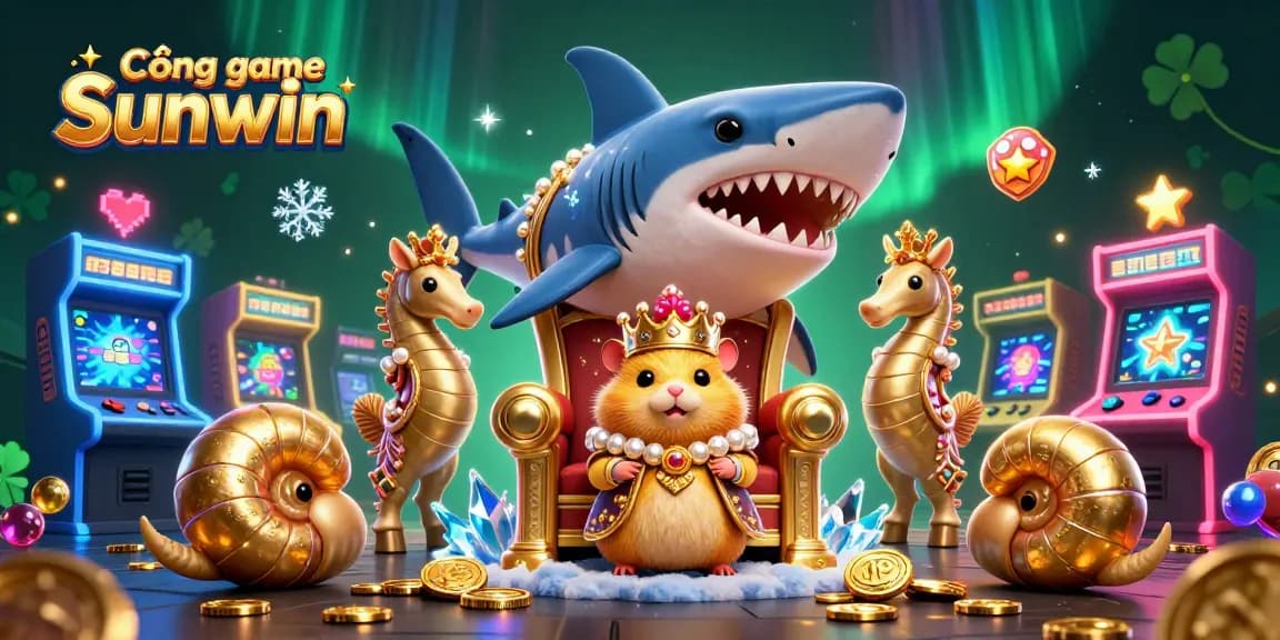 Experience the excitement of Cổng game Sunwin with vibrant casino-themed 3D illustration of a golden hamster king and gaming elements.