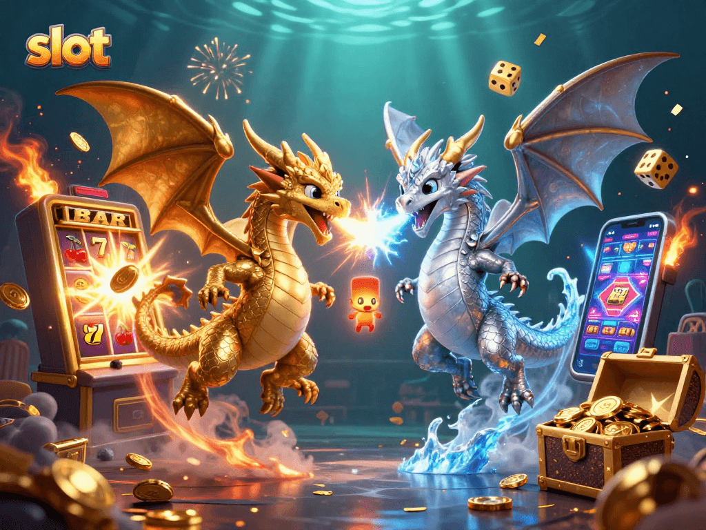 Experience exhilarating slot action with a vibrant 3D scene featuring dragons and dynamic game symbols.