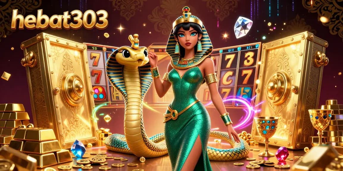 Experience winning spins at hebat303 with vibrant slot reels, gold treasure, and luxury elements.