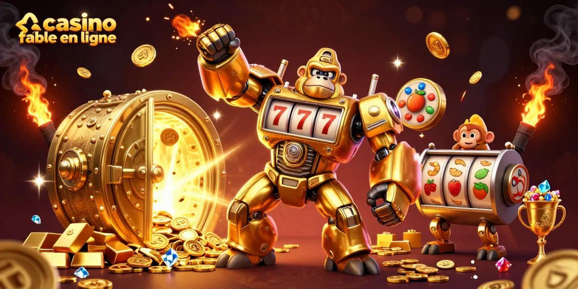 Réclamez vos gains au casino fiable en ligne avec une illustration dynamique de gorille mech en or.