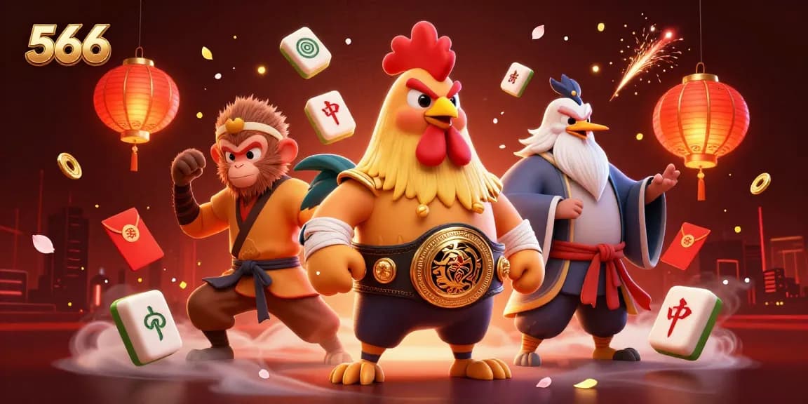 Engage with 566's high-stakes Muay Thai and gaming culture in a vibrant casino-themed illustration.