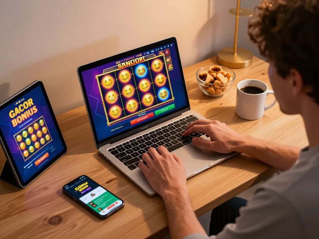 Play slot gacor on a laptop in an engaging online gaming setup with colorful graphics and cozy atmosphere.