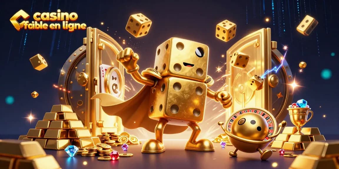 Jouez avec le golem de dés dorés dans un casino fiable en ligne, entouré de trésors scintillants.