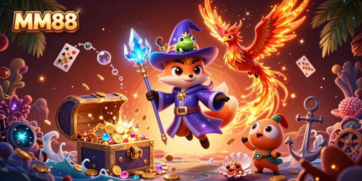 Experience incredible gaming at MM88 with a cartoon wizard, phoenix, and treasure-filled underwater scene.