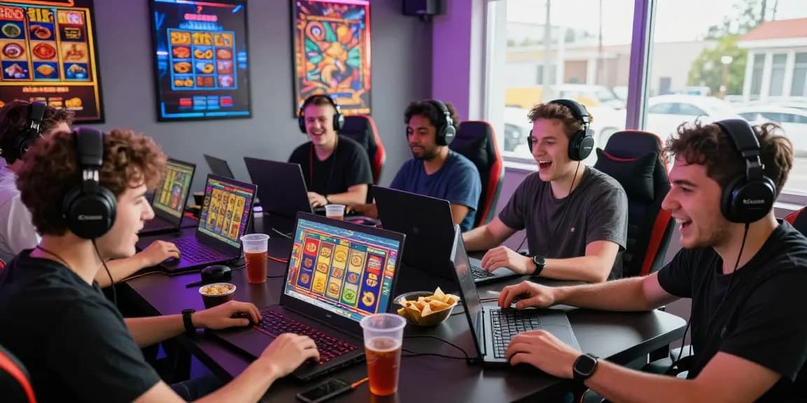 Exciting friends enjoying slot depo 1k gameplay together in vibrant gaming room.