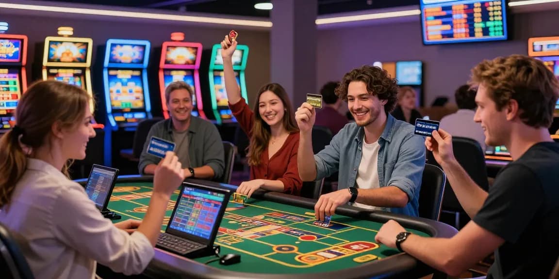 Spielerische Gruppe in einem Paysafe Card Casino, die gemeinsam in einer lebhaften Atmosphäre Spiele genießt.