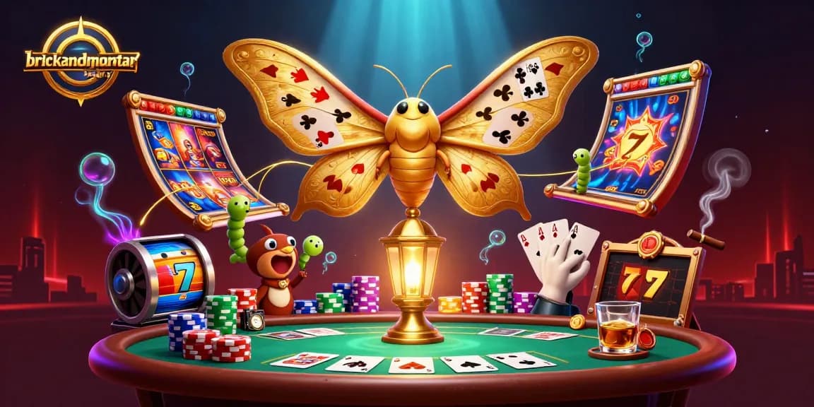 Brickandmortarbeauty captures thrilling slot gaming with vibrant 3D moth and casino elements.