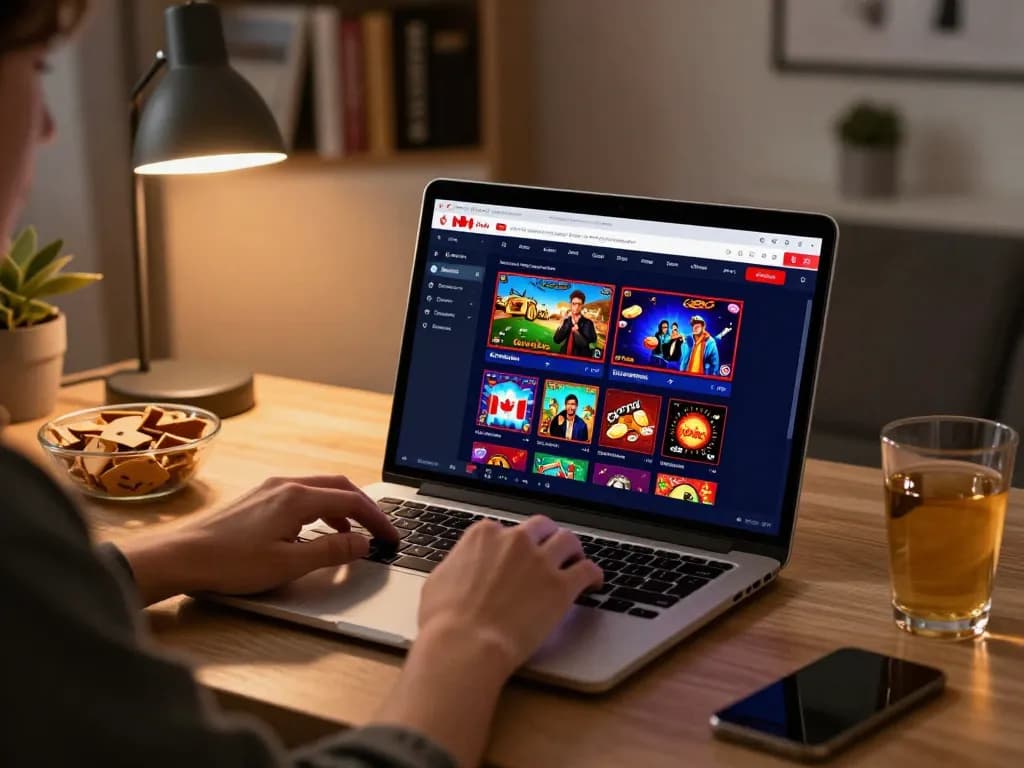 Engaging online casinos in Canada gaming experience at home, highlighting a player strategizing while using a laptop.