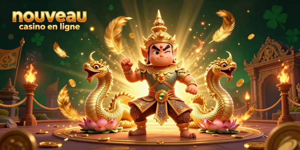 Illustration artistique d'un nouveau casino en ligne avec un gardien thaï, des serpents Naga et des éléments de jeu.