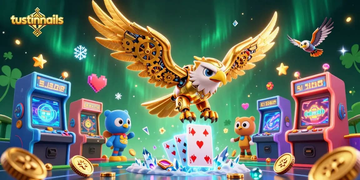 Tustinnails presents a thrilling 3D scene of a cybernetic eagle diving through playing cards, showcasing exhilarating casino action.
