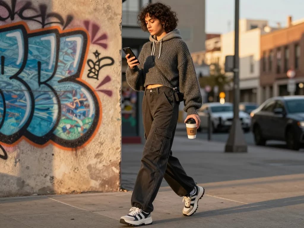 Stylish individual in a charcoal wool blend jumper from revelcollective.myshopify.com against an urban backdrop.