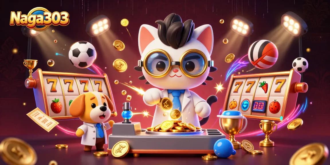 Naga303 slots illustration depicting a mad scientist and loyal dog in a vibrant casino setting with gold coins.