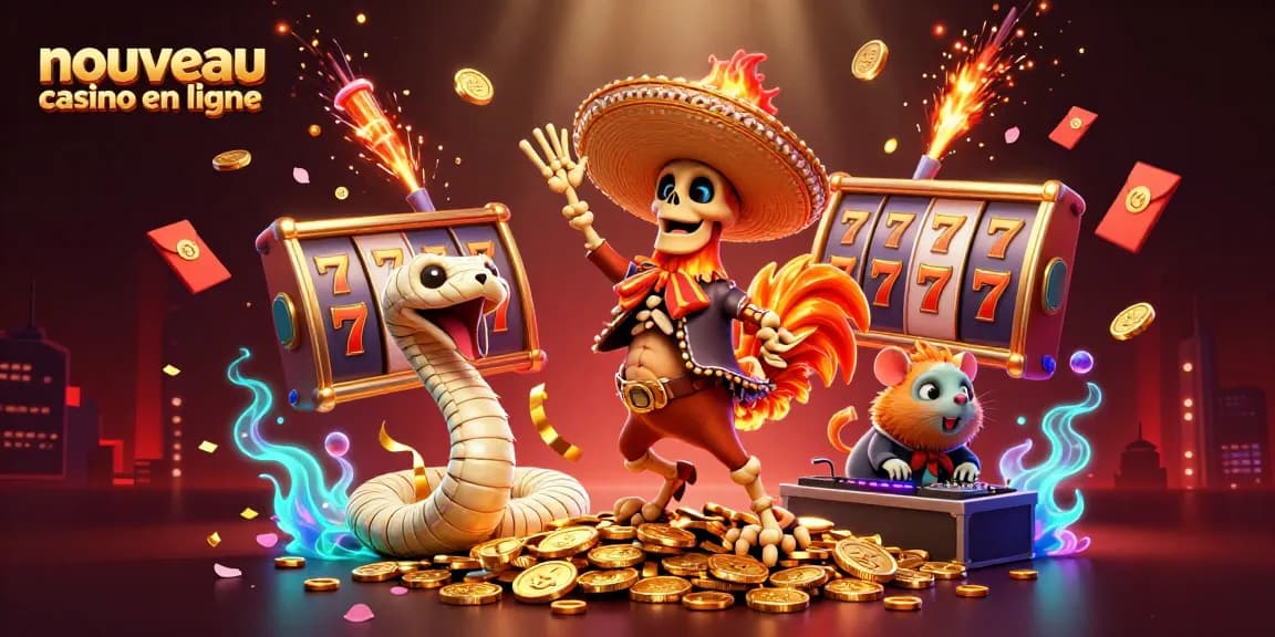 Illustration d'un nouveau casino en ligne avec un rooster mariachi dansant sur des pièces d'or entouré de jeux de casino.