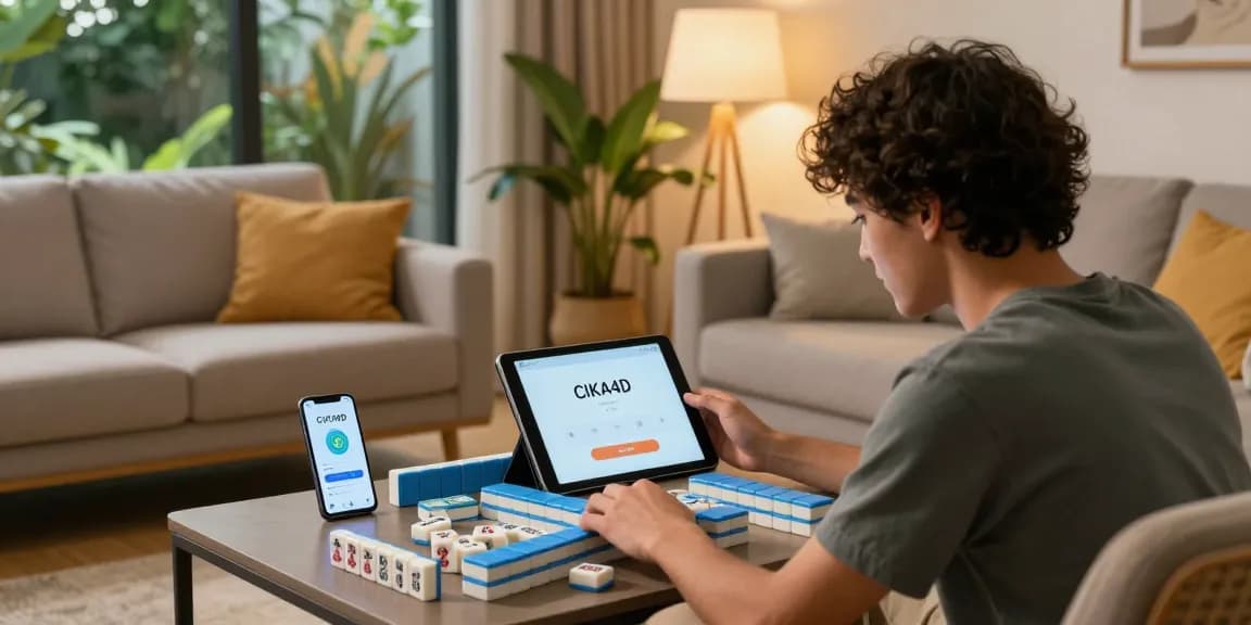 Player enjoying Mahjong online through the CIKA4D app in a cozy living room.