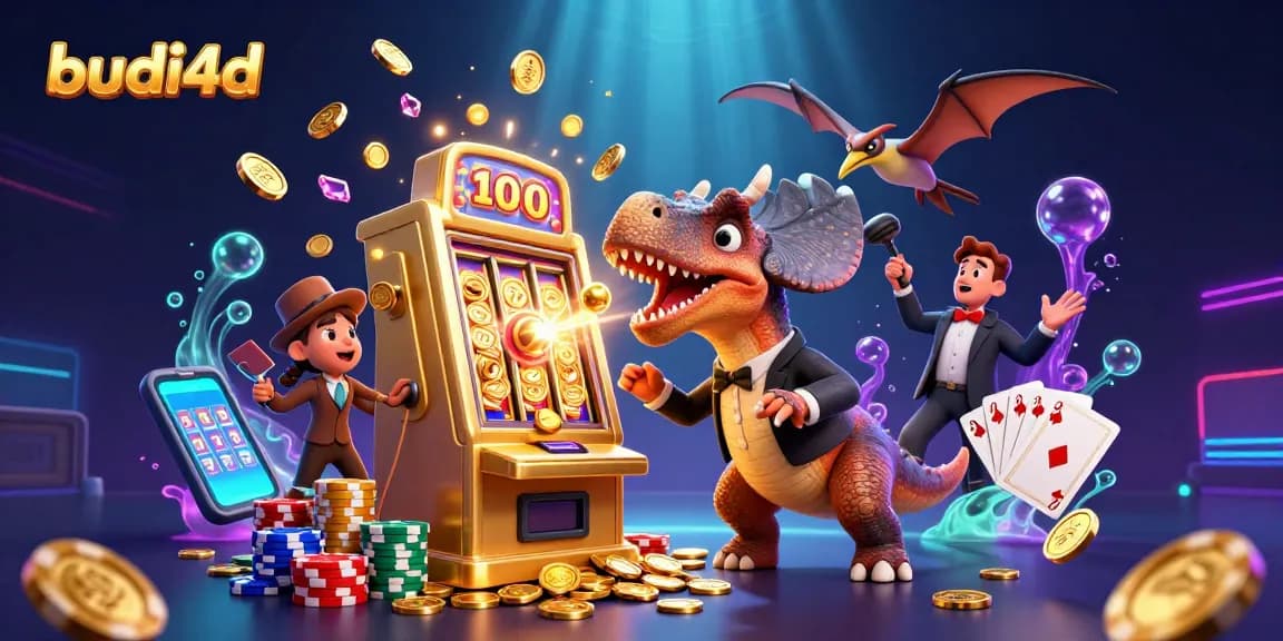 Budi4d brings excitement with a cartoon dinosaur hitting a slot machine amidst flying coins.