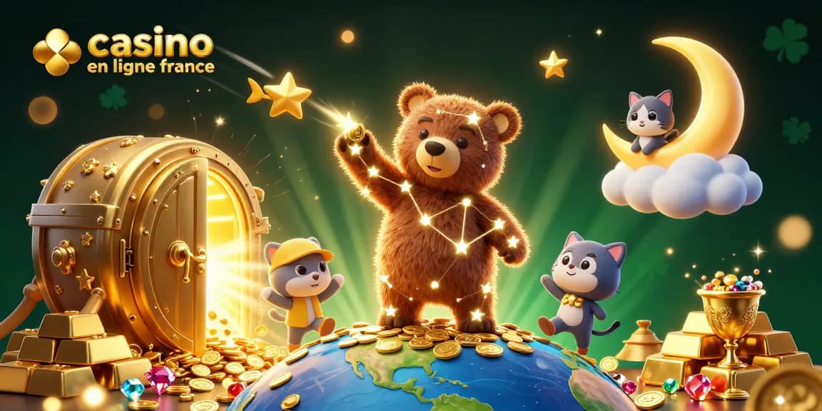 Illustration colorée d'un casino en ligne en France avec un ours en constellation et des éléments de jeu éclatants.