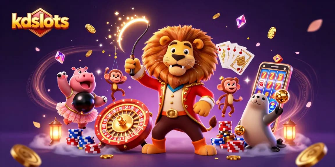 KDslots dynamic casino scene with a lion ringmaster and luck-based elements surrounding