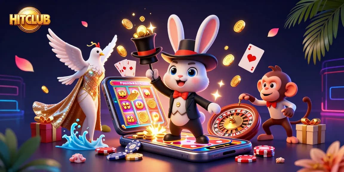 Experience the excitement at HITCLUB with a whimsical casino scene of a magician rabbit, dove, and monkey enjoying dynamic slot action.