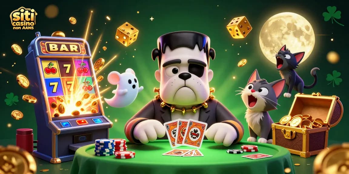 Gioca ai siti casino non AAMS con un bulldog Frankenstein che distribuisce carte in un'atmosfera spettrale.