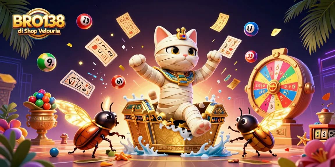 BRO138 di Shop Velouria showcases a vibrant, animated casino scene with thrilling game elements.