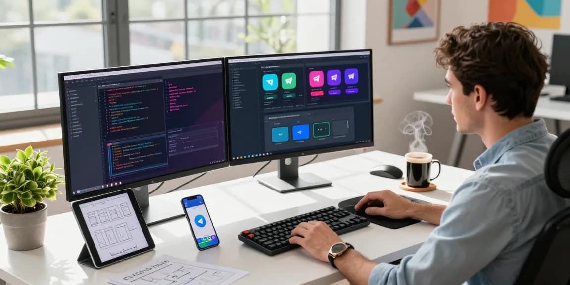 Developer at a modern desk exploring Telegram官网 features on multiple screens in a vibrant office.