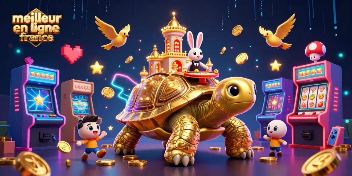 Jouer au meilleur casino en ligne France avec une illustration 3D d'une tortue dorée et un croupier.