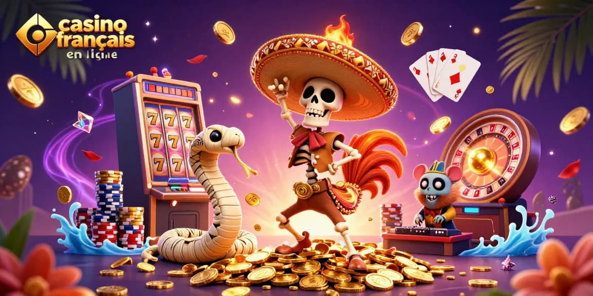 Découvrez le casino français en ligne avec un personnage dansant sur des pièces d’or entouré d'autres éléments de jeu.