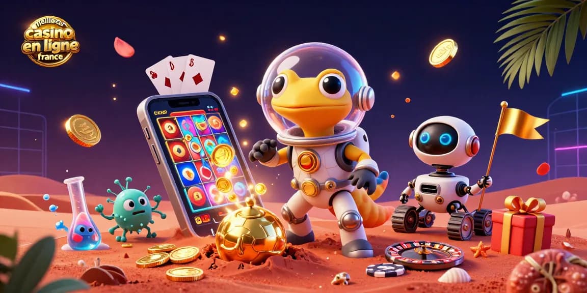 Vivez le meilleur casino en ligne France avec une illustration dynamique montrant notre gecko martien découverte d'un casino doré.