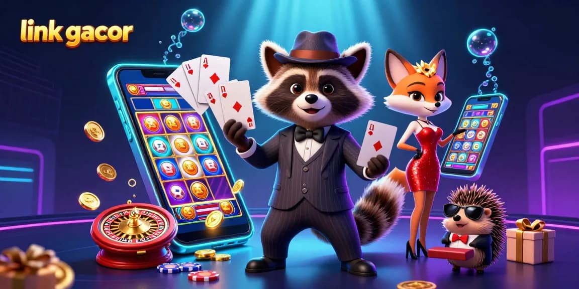 Jackpot excitement with link gacor, a raccoon in a suit holding a royal flush, surrounded by vibrant slot elements.