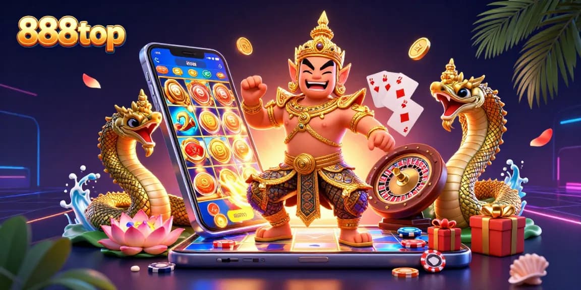 Experience thrilling gaming at 888top with vibrant slot games, colorful characters, and immersive casino elements.