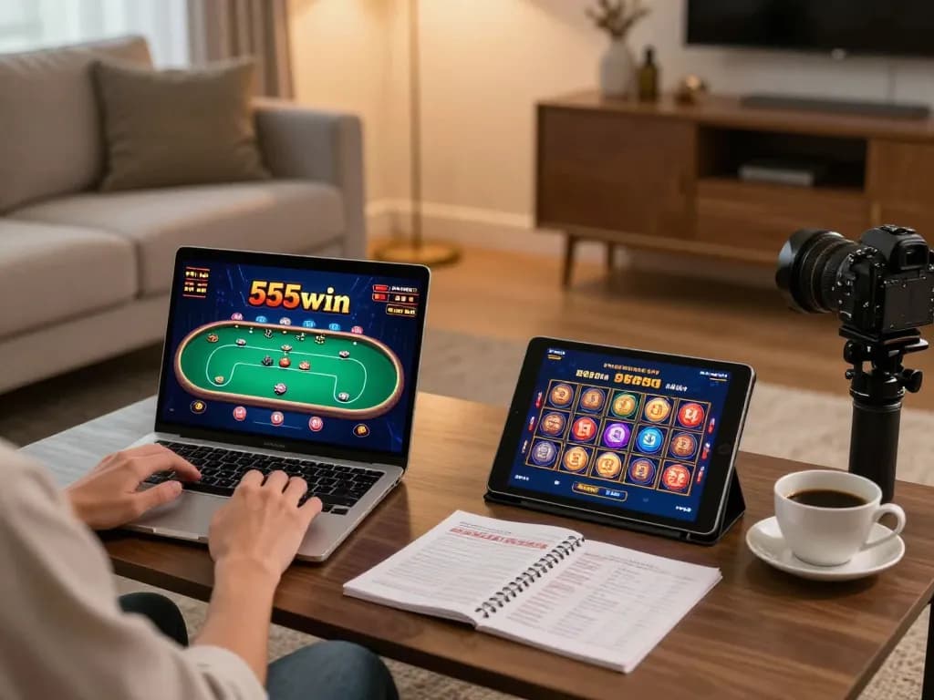 Player engaging with 555win online casino games on laptop and tablet in cozy living room.