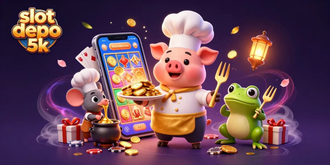 Experience the vibrant energy of slot depo 5k with a chef pig, sous-chef mouse, and critic frog in a magical casino setting.