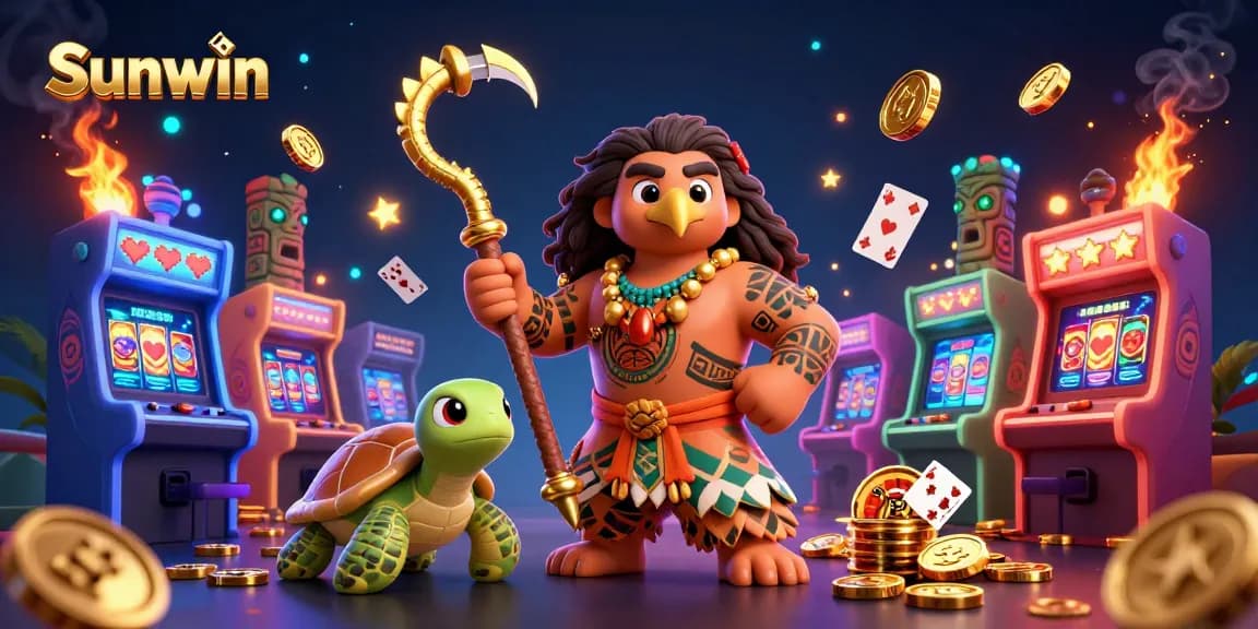 Join the adventure with Sunwin's demigod hawk as he plays vibrant casino games.