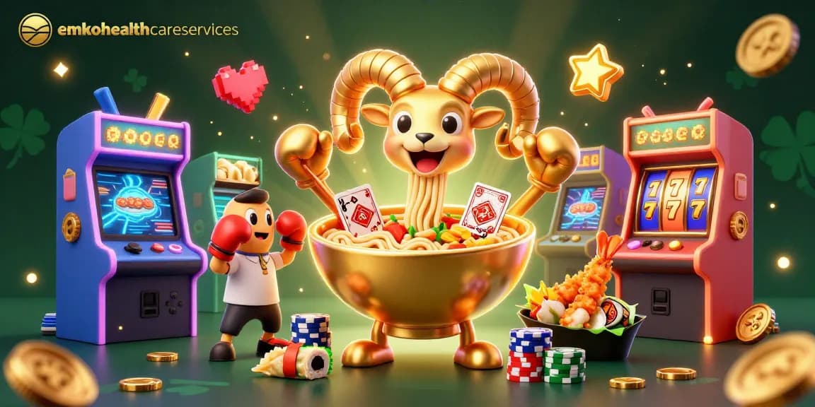 Experience thrilling wins with emkohealthcareservices in a vibrant casino-themed scene featuring a golden ramen bowl.