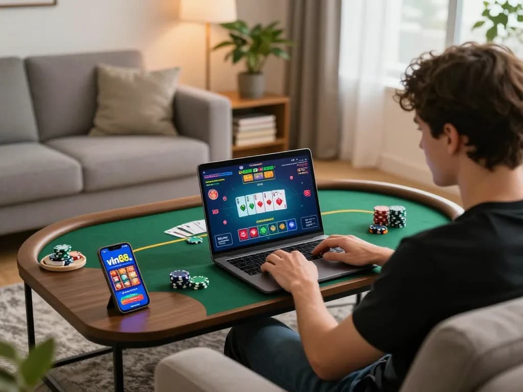 vin88 player engaging in poker on a laptop at home, showcasing exciting online gaming setup.