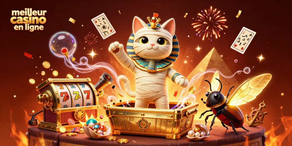 Illustration d'un chat momie du meilleur casino en ligne, entouré de trésors et de jeux fascinants.
