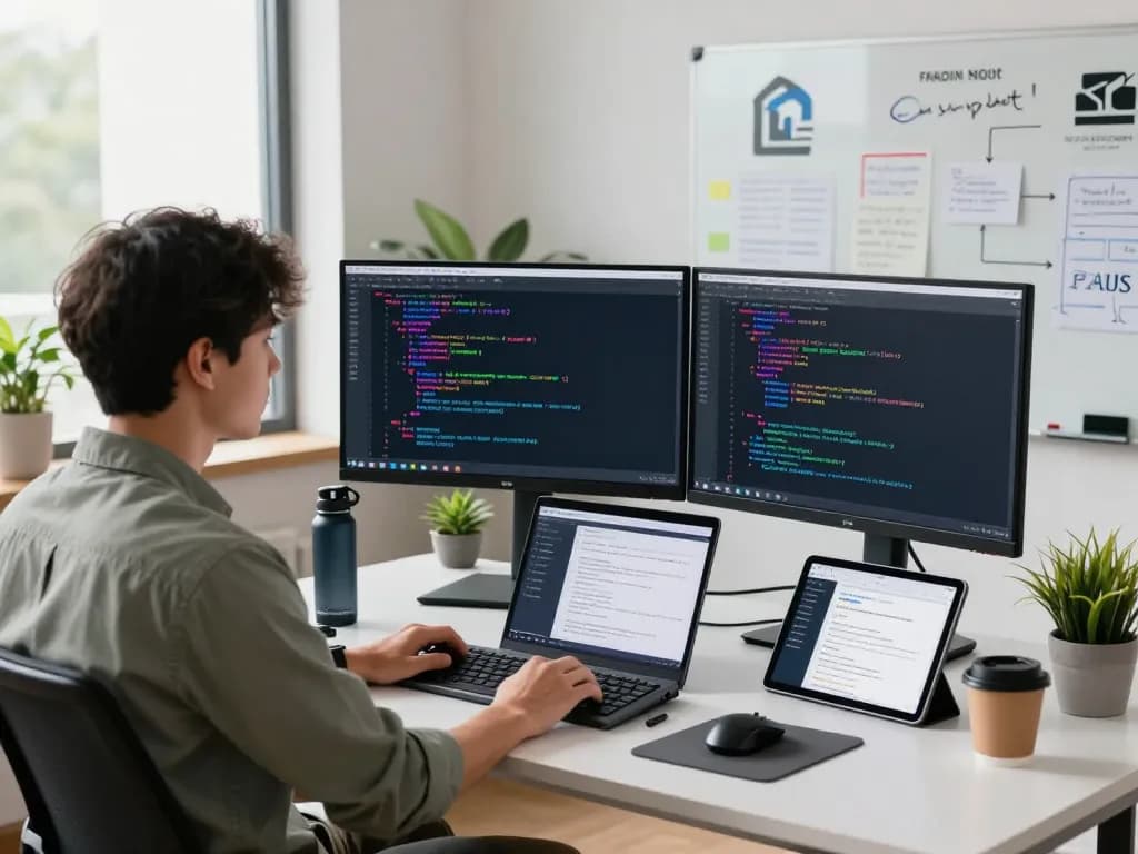 Developer showcasing IODeFi smart contract code in modern blockchain workspace filled with innovative tools.