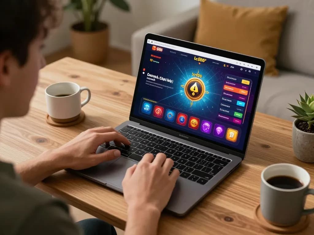 Player using app lc88 for strategic online gaming at laptop in cozy home office.