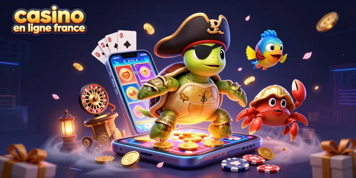 Un casino en ligne France animé avec une tortue pirate et des jeux de casino flamboyants.