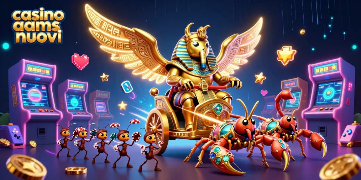 Gioca nei nuovi casino aams con un colossale scarabeo dorato e macchine arcade colorate che brillano.