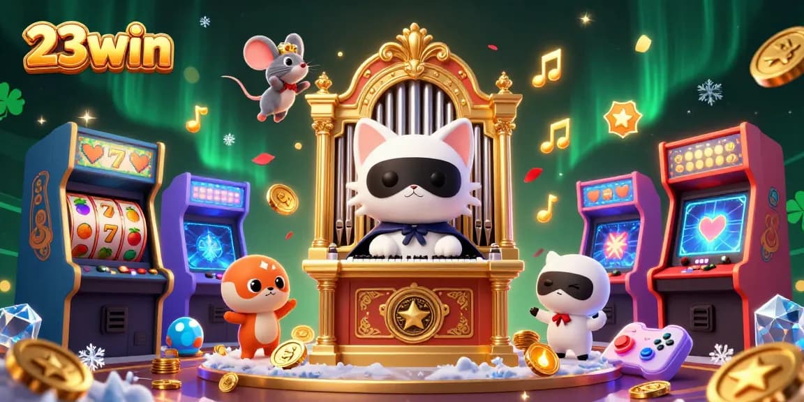 Experience the excitement of 23win with vibrant slot reels and colorful casino elements in a dynamic scene.