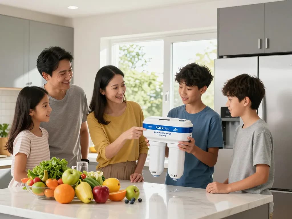 AQUA CREST WF1CB Replacement for Frigidaire® PureSource WFCB® filter showcased in a bright kitchen with family discussing its benefits.