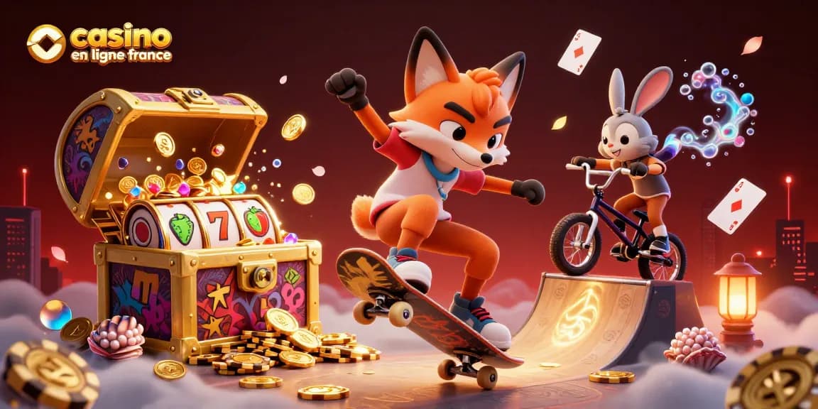 Une illustration 3D dynamique de casino en ligne France avec un renard faisant un kickflip et un lapin BMX.
